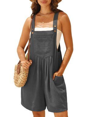 Women's Grey Rompers Summer Wide Leg Shorts Overalls Adjustable Strap Bib